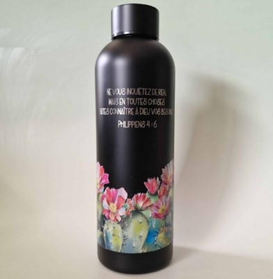 Bouteille isotherme noire cactus et fleurs