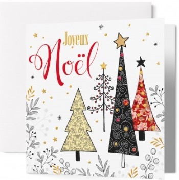 Carte double Noël arbre décoré, cadeaux et étoiles dorées