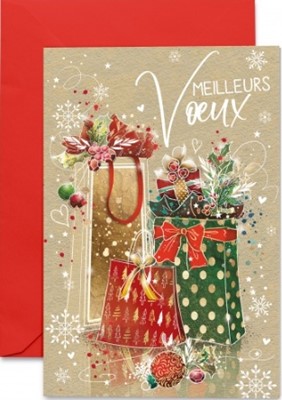 Carte double fin d'année cadeaux et divers éléments de Noël