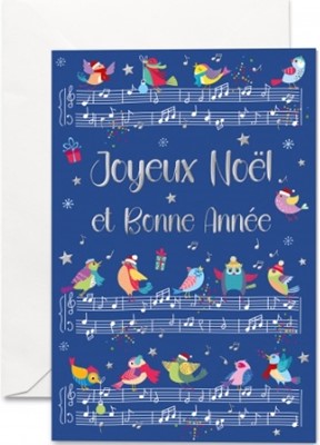 Carte double Noël et fin d'année oiseaux et notes de musique sur fond bleu