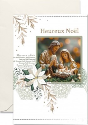 Carte double Noël Marie, Joseph et Jésus feuilles dorées