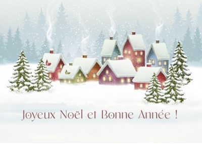 Carte postale joyeux Noël et bonne année village dans la forêt sous la neige