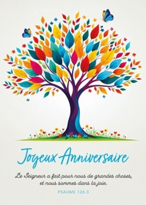 Carte postale anniversaire avec verset arbre multicolore et papillons dessinés