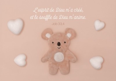 Carte postale avec verset ourson en peluche et cœurs