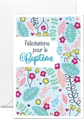 Carte double baptême motif floral sur fond bleu