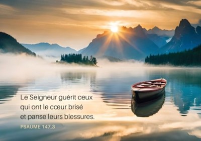 Carte postale condoléances avec verset barque sur un lac au soleil couchant