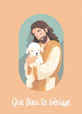 Carte postale pour les enfants dessin de Jésus tenant une brebis dans ses bras