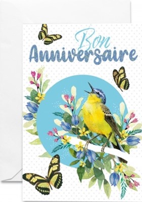 Carte double anniversaire oiseau, fleurs et papillons sur fond bleu