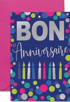 Carte double anniversaire billes et bougies multicolores sur fond bleu foncé