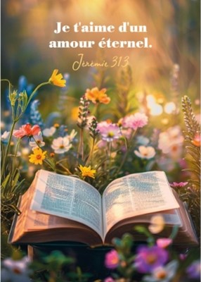 Carte postale avec verset Bible posée dans un champ de fleurs