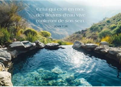 Carte postale avec verset bassin d'une source d'eau chaude dans la montagne