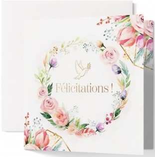 Carte double communion couronne florale et colombe dorée