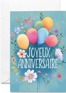 Carte double anniversaire ballons et fleurs sur fond bleu