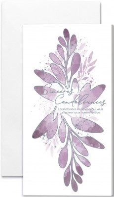 Carte double condoléances branches de feuilles voilettes dessinées