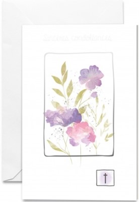 Carte double condoléances fleurs roses et violettes, croix