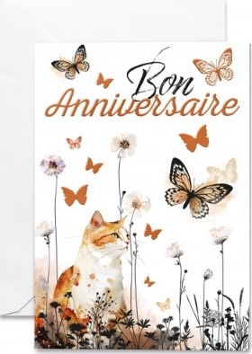 Carte double anniversaire chat roux et papillons
