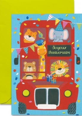 Carte double anniversaire animaux dans un bus londonien