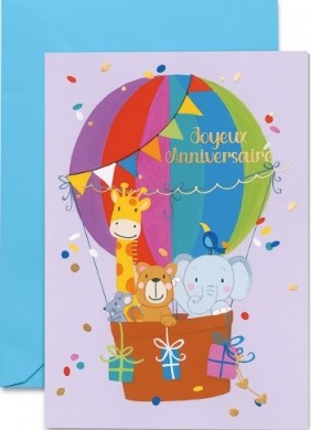 Carte double anniversaire animaux dans une montgolfière