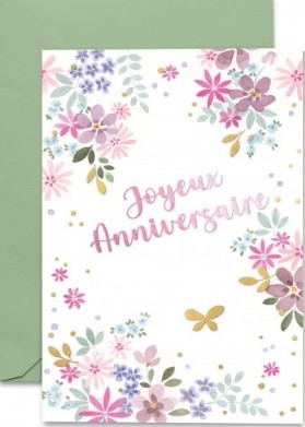 Carte double anniversaire petites fleurs dessinées sur fond blanc