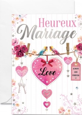 Carte double mariage cœur rose et oiseaux sur fond blanc