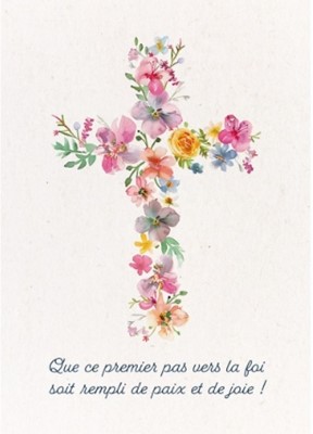 Carte postale communion croix de fleurs en aquarelle
