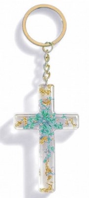 Porte-clé croix avec inclusions de fleurs - turquoise