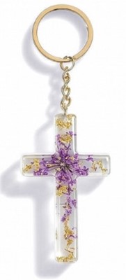 Porte-clé croix avec inclusions de fleurs - violet