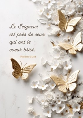 Carte avec verset papillons en or sur fleurs en marbre blanc