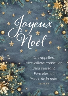 Carte postale Joyeux Noël avec verset branches de sapins, étoiles et fleurs dorées
