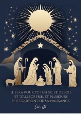 Carte postale Noël crèche dorée sur fond bleu marin