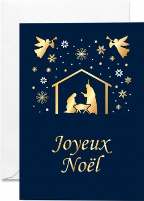 Carte double noël crèche de Noël couleur dorée