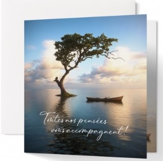 Carte double condoléances arbre et barque au milieu d'un lac