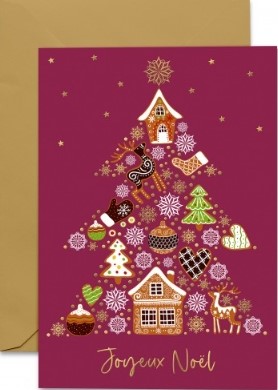Carte double Noël sapin composé de symboles de Noël
