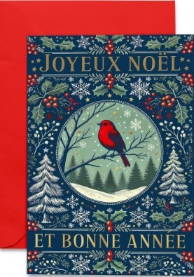 Carte double Noël et fin d'année oiseau rouge et motifs de Noël sur fond bleu