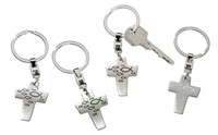Porte-clé croix ichtus métal poli 9.5 cm
