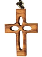 Pendentif croix sur cordon découpe bois d'olivier