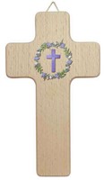 Croix bois clair avec croix violette 15 cm