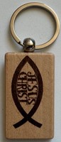 Porte-cles en bois, ichtus-Jésus Christ, jn 3.16