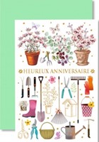 Carte double anniversaire outils de jardinage bottes roses