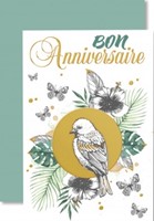 Carte double anniversaire oiseau, papillons sur fond vert