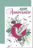 Carte double anniversaire oiseau, libellules sur fond violet