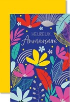 Carte double anniversaire fleurs multicolores sur fond violet