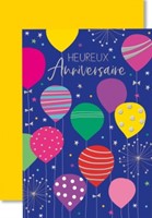 Carte double anniversaire ballons multicolores sur fond violet