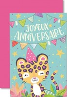 Carte double anniversaire Tigre tâches roses sur fond vert