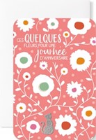 Carte double anniversaire fleurs sur fond rose, chat argenté