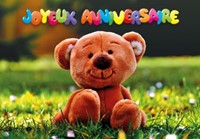 Carte Double Anniversaire Ourson en peluche posé sur l'herbe