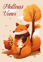 Carte postale bonne année dessin d'un renard avec une tasse de thé
