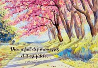 Carte postale avec verset peinture d'un chemin sous les arbres en fleur