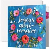 Carte double anniversaire couronne de fleurs sur fond bleu