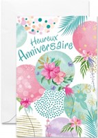 Carte double anniversaire cercles fleuris colorés avec feuilles vertes dorées